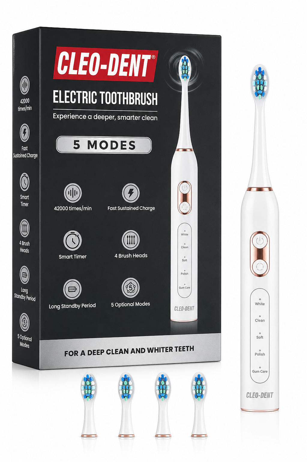 Cleo-Dent Electric Toothbrush – 5 Modes 42,000 Vibrations/Min
